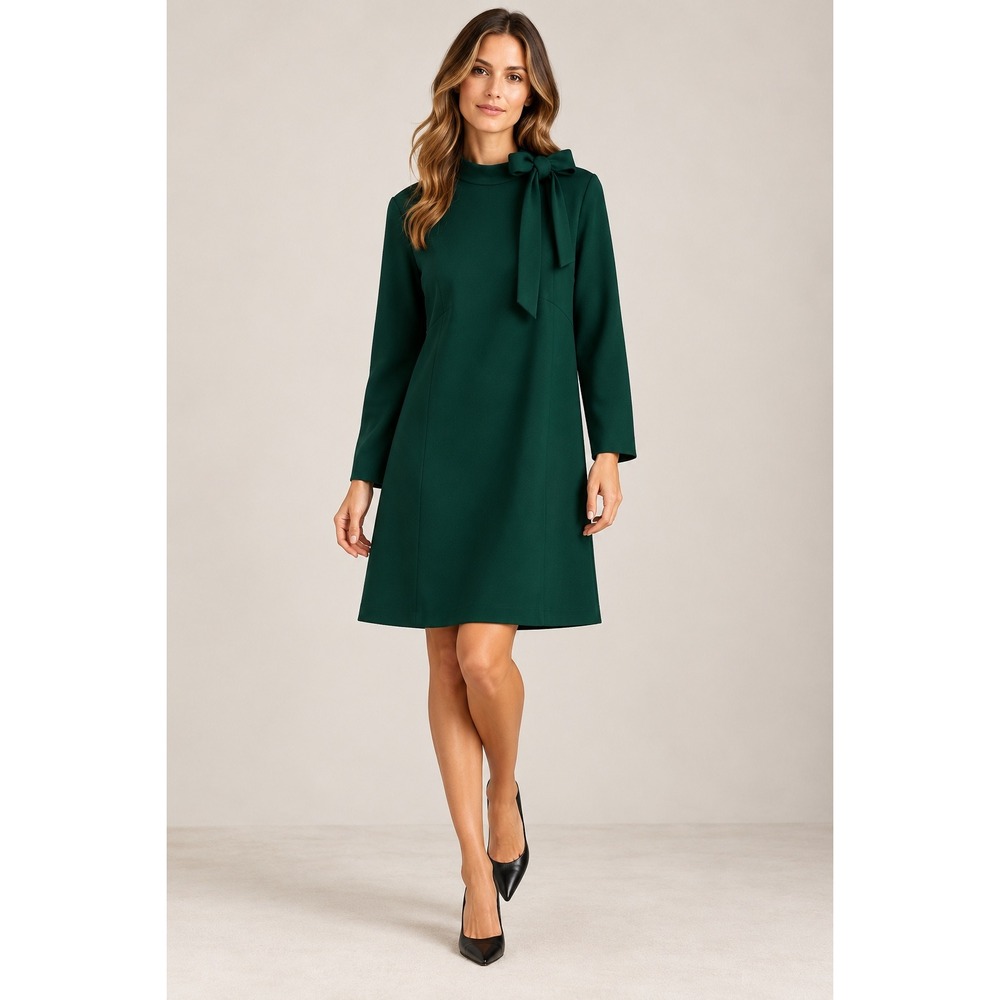 Calvin Klein Shift Dress Women's Size 16 Green Bow Mock Neck Long Sleeve